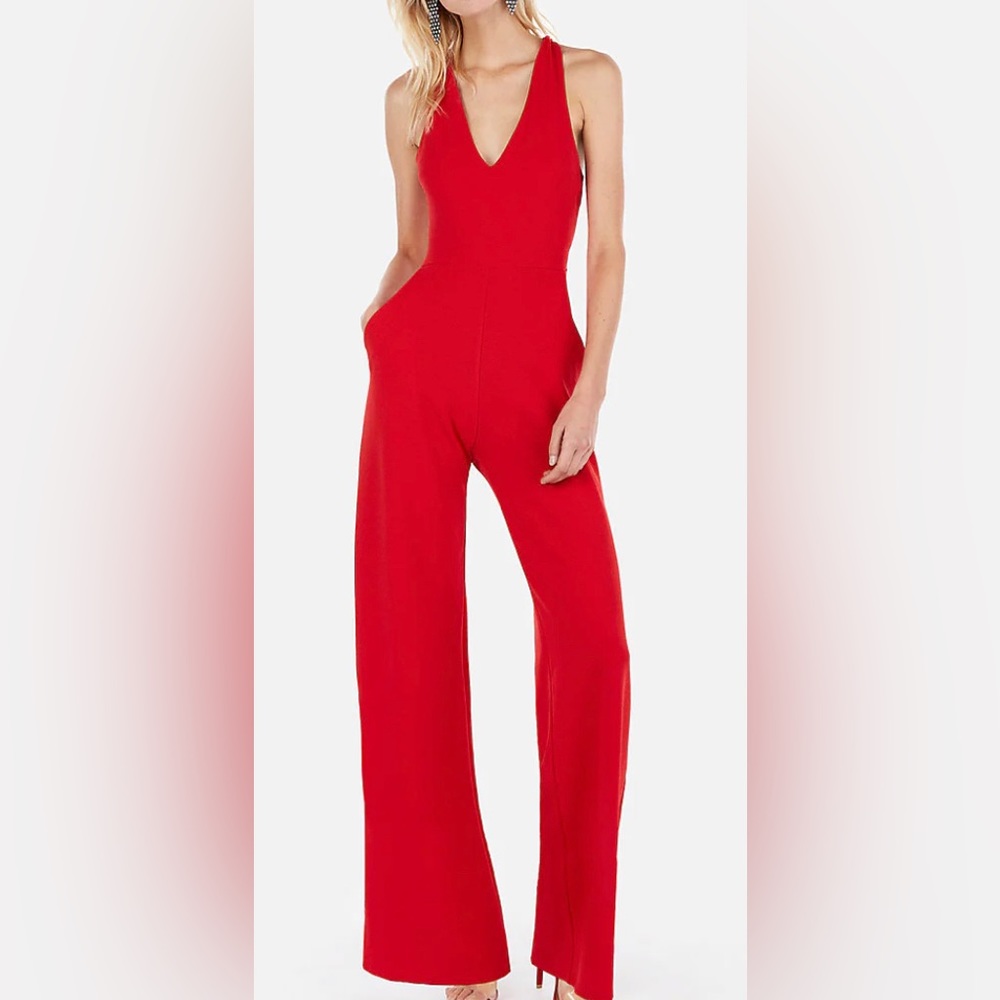 Express  Red Cross Back Wide Leg Jumpsuit - Size Medium